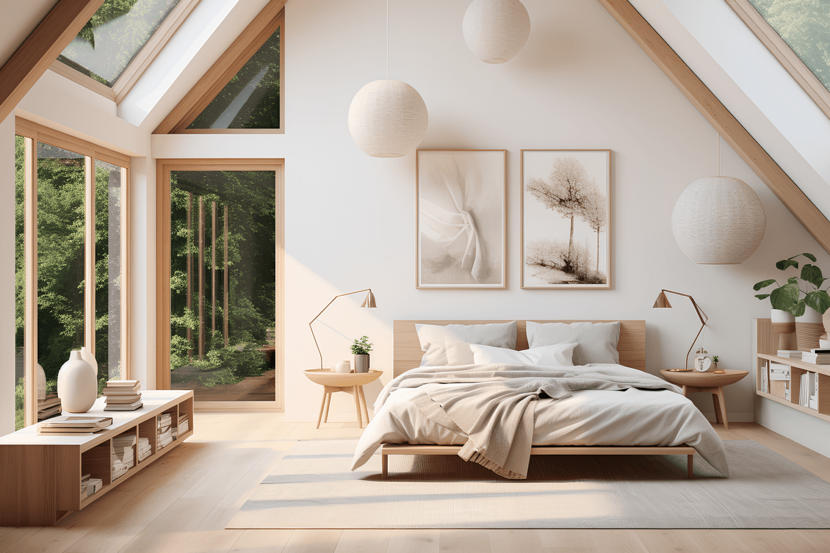 Schlafzimmer im organic stil mit holz, naturmaterialien und großen fenstern, minimalistisches design mit warmen erdtönen.