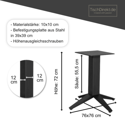 Tischgestell bold center post mit dem bodenmaß von 76x76 cm, einer höhe von 72 cm und einer mittelstange in 12x12 cm stärke