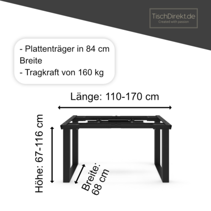 Tischgestell conference adjust maße, länge 110,170 cm, breite 68 cm und höhe 67-116 cm