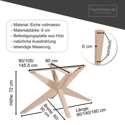 Tischgestell eiche light spider slim maße 90x90, 140x80 oder 180x80 cm