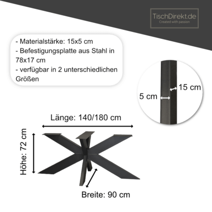 Tischgestell light spider maße 140/180x90 cm, 72 cm hoch, stärke 15x5 cm