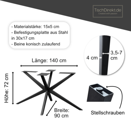 Tischgestell light spider slim stahl schwarz maße 140x90 cm, höhe 72 cm